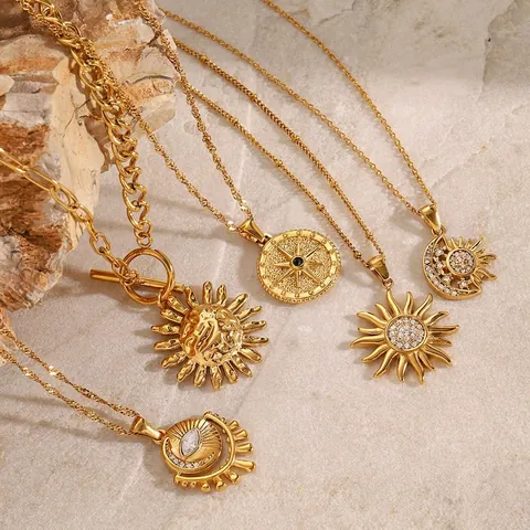 Stainless Steel Gold Plated Sun Moon Star Compass Cubic Zirconia Pendant Necklace For Women Clavicle Chain