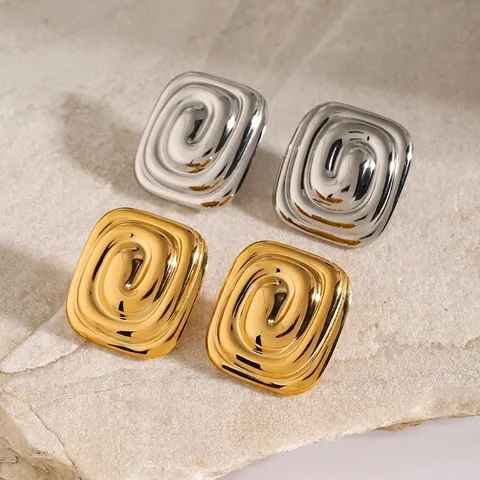 Pendientes De Botón Cuadrados Geométricos En Espiral De Acero Inoxidable Chapado En Oro De 18 Quilates Para Mujer