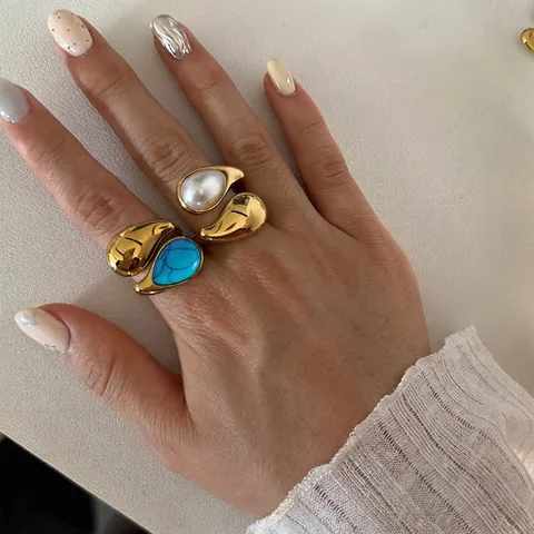 Anello In Acciaio Inossidabile Goccia Placcato Oro Pietra Naturale Turchese Occhio Di Tigre Perla Artificial Regolabile Gioielli