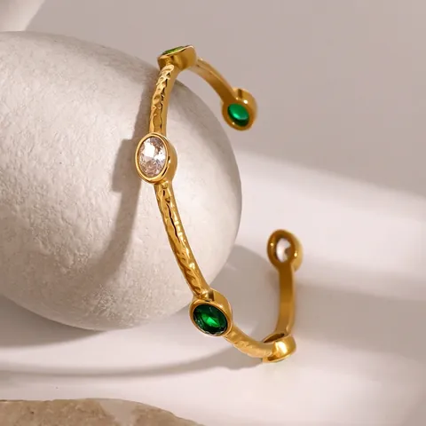 Hammered Stainless Steel Cuff Bracelet Gold Plated Green White Zircon Retro Vintage Waterproof Jewelry For Women