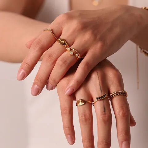 French INS Style Stainless Steel Open Ring 18K Gold Plated Minimalist Rhinestone Inlaid Adjustable Ring For Women Jewelry