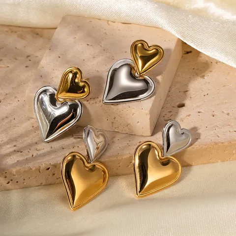 Boucles d'Oreilles Clous en Acier Inoxydable en Forme de Cœur Bicolore pour Femmes Boucles d'Oreilles Double Cœur en Métal Poli
