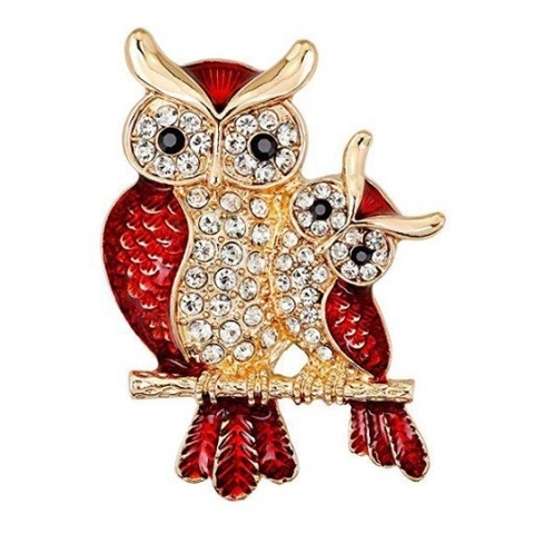 Owl Brooch Pin Red Enamel Alloy White Rhinestone Cute Animal Bird Mother Child Design Vintage Jewelry Accessory