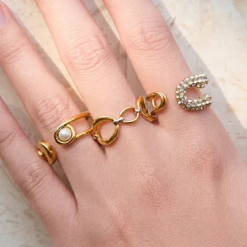 Mode Edelstahl Ringe Für Damen 18K Vergoldet Künstliche Perle Rhinestone Wasserdicht Schmuck Elegant
