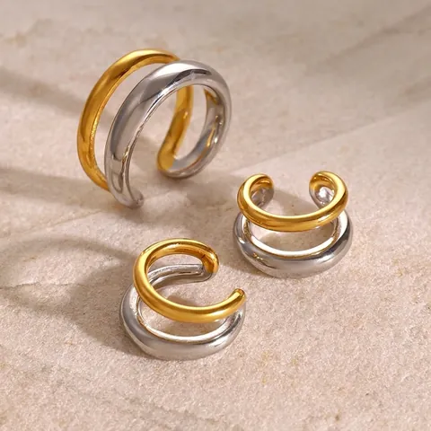 Orecchini Ear Cuff A Doppio Strato E Anello Aperto Bicolore Placcato Oro Acciaio Inossidabile Gioielli Geometrici