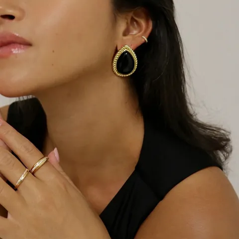 Retro Teardrop Black Stone Stud Earrings Stainless Steel Gold Plated Rope Border Hypoallergenic Jewelry For Women