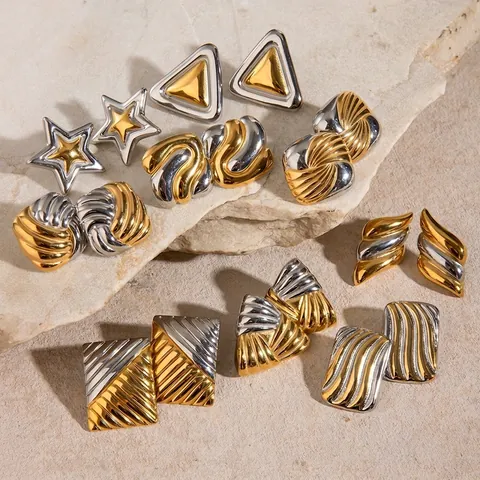 Western Style Stainless Steel Geometric Two-tone Stud Earrings Waterproof Hypoallergenic Gold Silver Mirror Polish Earrings For Women