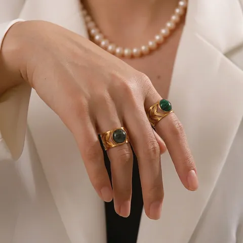 Vintage Roestvrijstalen Blad Ring Met Ingelegde Malachiet Turkoois Stenen Goud Vergulde Open Ring Voor Vrouwen Elegante Franse Sieraden
