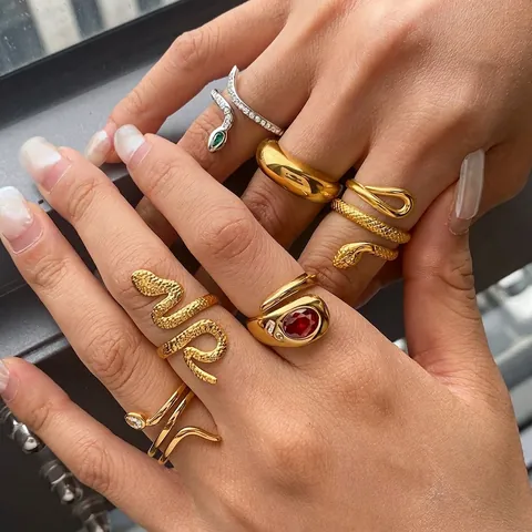 Schlangenring Edelstahl Zirkon Wasserdicht Hypoallergen Retro Edelstein Offen Verstellbar Mode Schmuck Für Frauen
