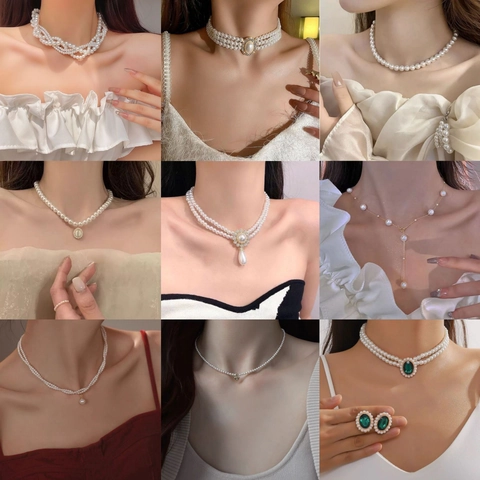 Retro French Multi Layer Faux Artificial Pearl Necklace For Women Elegant Rhinestone Oval Heart Cross Pendant Jewelry