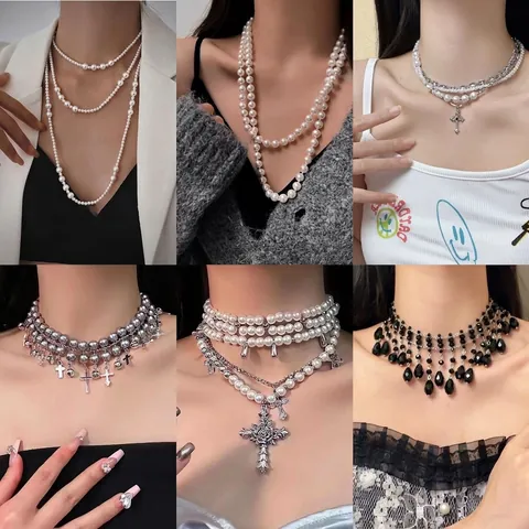 Retro French Multi Layer Faux Artificial Pearl Necklace For Women Elegant Rhinestone Oval Heart Cross Pendant Jewelry
