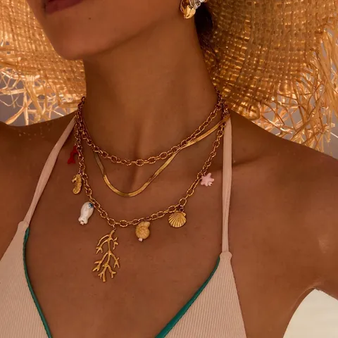 Collana Con Ciondoli Tema Oceano Acciaio Inossidabile Placcato Oro Cavalluccio Marino Conchiglia Corallo Gioielli Donne