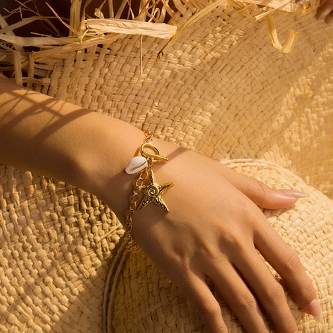 Pulsera Y Cadena De Cintura De Acero Inoxidable Estrella De Mar Concha Accesorios De Estilo De Vacaciones De Playa Para Mujer