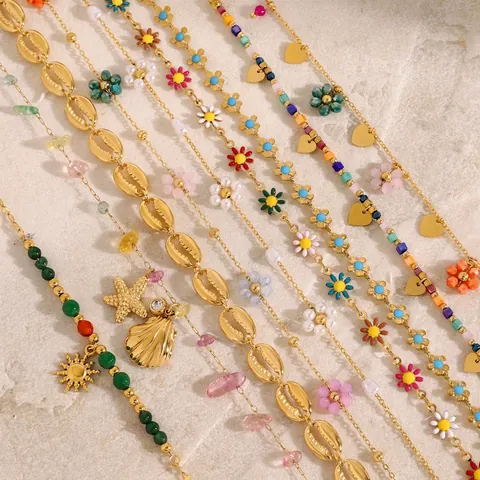 Collana In Acciaio Inossidabile Bohemien Placcata Oro Perline Colorate Fiori Smaltati Pendenti Conchiglia Gioielli Estivi