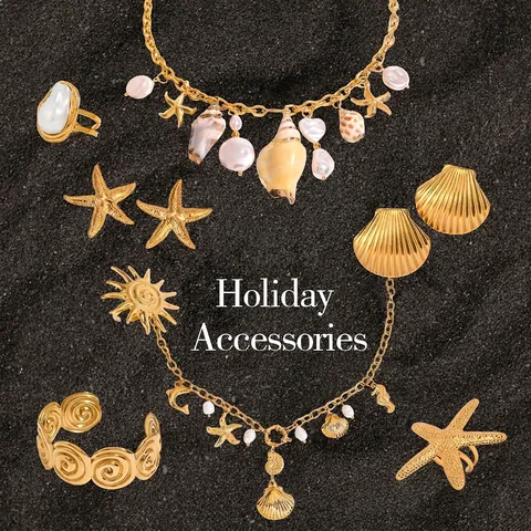 Ozean Thema Edelstahl Schmuckset Muschel Seestern Künstliche Perle Halskette Ohrringe Ring Für Frauen Strand Urlaub