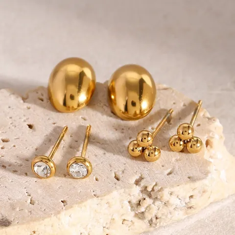 Gold Plated Stainless Steel Stud Earrings Oval Ball Cluster Zircon Waterproof Hypoallergenic Titanium Steel Earring Post