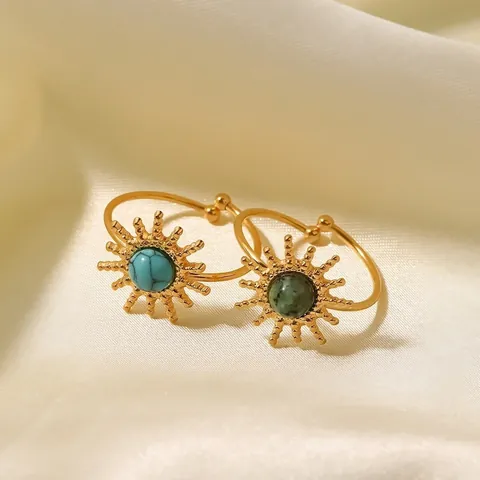 Anello Regolabile Forma Sole In Acciaio Inossidabile Con Turchese E Pietra Naturale Verde Stile Vintage Per Donne