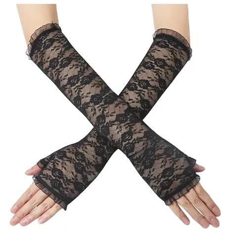 Women Lace Long Arm Sleeves Fingerless Gloves Sun Protection Ruffle Trim Floral Breathable Wedding Party Driving Elegant