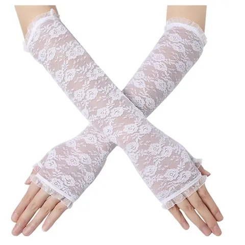 Women Lace Long Arm Sleeves Fingerless Gloves Sun Protection Ruffle Trim Floral Breathable Wedding Party Driving Elegant