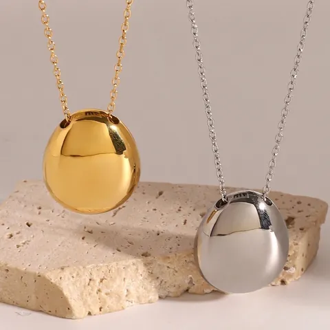 Collana Con Pendente a Ciottolo Ovale in Acciaio Inossidabile Minimalista da Donna Oro Argento Galvanizzato Gioielli