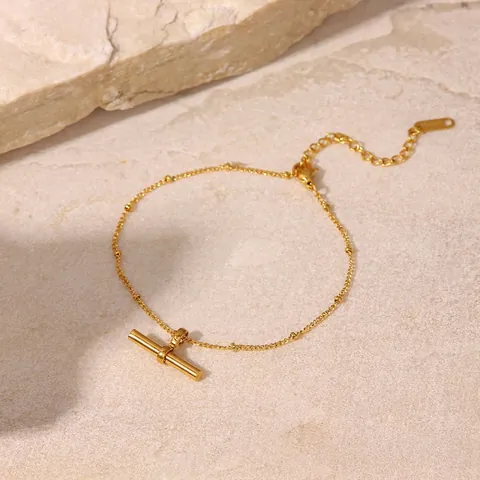 Cavigliera Minimalista in Acciaio al Titanio Con Ciondolo a T per Donna Catena a Sfere Placcata Oro 18K Regolabile