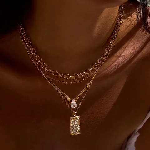 Geometric Rectangle Pendant Necklace Stainless Steel Rhinestone Layered Chain Waterproof Hypoallergenic Luxury Women Jewelry