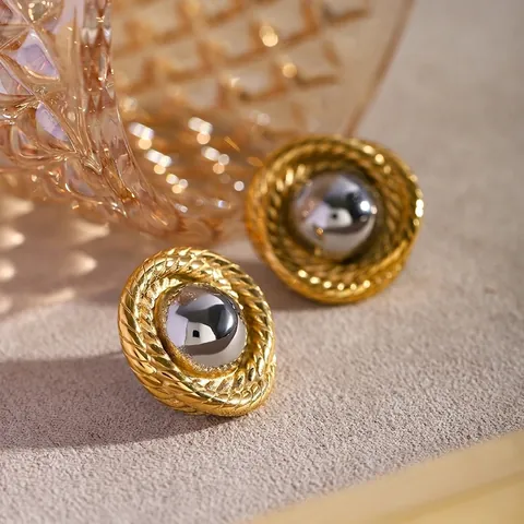 Vintage Ronde Knopoorbellen Roestvrij Staal Tweekleurig Goud Zilver Gevlochten Touwtextuur Dames