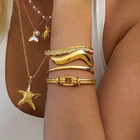 Gioielli In Acciaio Inossidabile Per Donna Collana Pendente Stella Marina Perla Artificial Sole Bracciale Aperto Nodo Onda Moda Placcato Oro