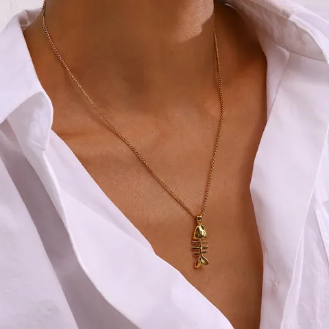 Fishbone Pendant Necklace Stainless Steel Gold Plated Waterproof Hypoallergenic Minimalist Jewelry For Women