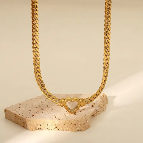 Collana Con Pendente A Cuore Acciaio Inossidabile Placcato Oro 14K Cuore Cavo Catena Cubana Piatta Per Donna INS
