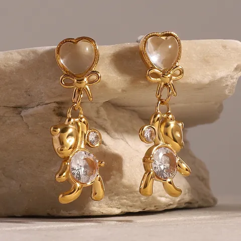 Pendientes De Oso De Acero Inoxidable Con Lazo De Corazón E Incrustaciones De Circón Redondo Moda Dulce Para Mujeres
