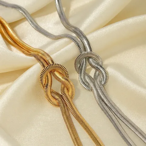 Knotted Snake Chain Necklace Stainless Steel Gold Plated Minimalist Herringbone Flat Chain Jewelry For Women