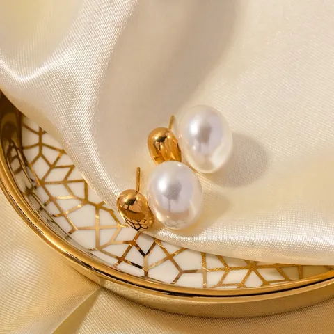 French Vintage Stud Earrings Stainless Steel With Imitation Artificial Pearl Elegant Geometric Gold Plated Luxury Jewelry For Women