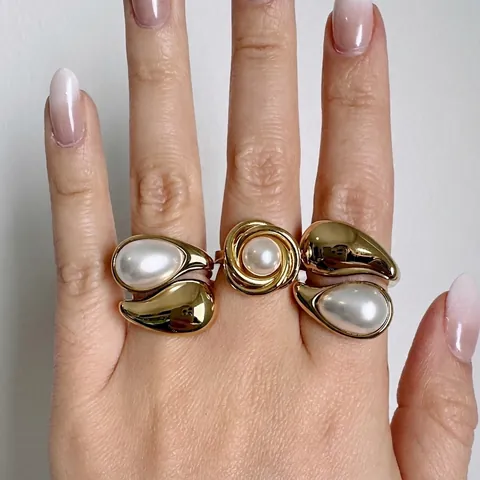 Stainless Steel Gold Plated Ring Teardrop Artificial Pearl Tiger Eye Turquoise Geometric Adjustable Open Fashion Jewelry For Women