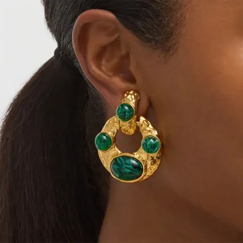 Orecchini Con Trama Martellata E Intarsio In Malachite Acciaio Inossidabile Gioielli Geometrici Retrò Per Donne