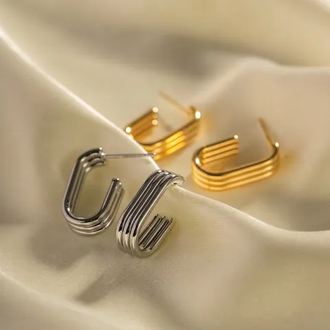 Orecchini A Cerchio Geometrici A Forma Di U Per Donna A Tre Strati A Costine In Acciaio Inossidabile Placcato Oro 18K
