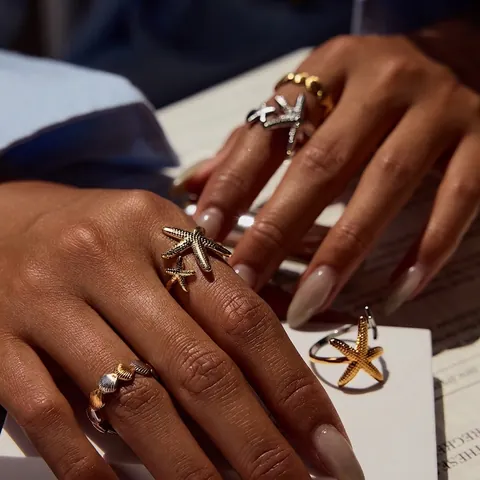 Anello Aperto Regolabile Stella Marina Conchiglia Acciaio Inossidabile Bicolore Oro Argento Gioielli Da Spiaggia Boho Donne