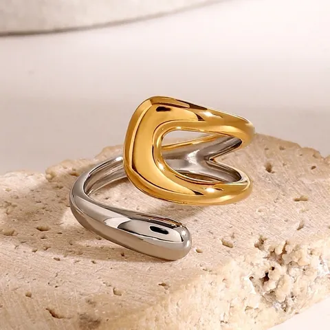 Adjustable Open Ring Stainless Steel 18K Gold Plated Two-Tone Contrast Color Irregular Wave Geometric Minimalist For Women