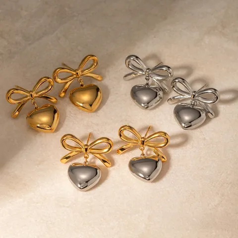 Stainless Steel Bowknot Heart Drop Earrings For Women Polished Two Tone Gold Silver Stud Earrings Fashion Jewelry Gift