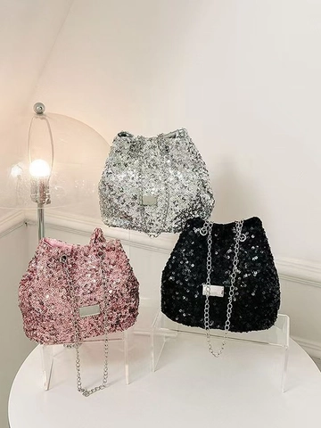Bolso de Cubo de Lentejuelas para Mujer Bolso de Hombro con Cordón y Correa de Cadena de Metal Plateado Bolso de Noche Brillante