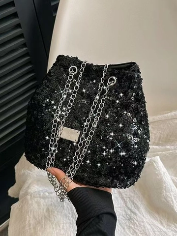 Bolso de Cubo de Lentejuelas para Mujer Bolso de Hombro con Cordón y Correa de Cadena de Metal Plateado Bolso de Noche Brillante