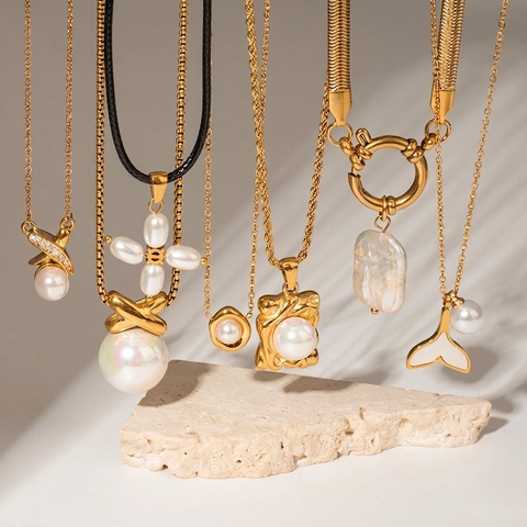 Stainless Steel Artificial Pearl Pendant Necklace For Women Gold Plated French Vintage Fashion Minimalist Clavicle Chain Jewelry