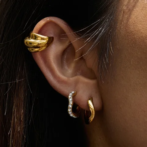 Stainless Steel Hoop Earrings And Ear Cuff Non Pierced 18K Gold Plated Rhinestone Geometric Minimalist Jewelry For Women