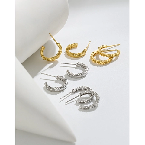 Minimalist 925 Sterling Silver Hoop Earrings C Shaped Beaded Texture Dainty Retro Style For Women Polished Jewelry