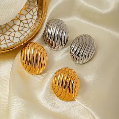 Oval Ripple Texture Ear Clips Non-Piercing Stainless Steel Chunky Spiral Fashion Stud Earrings For Women