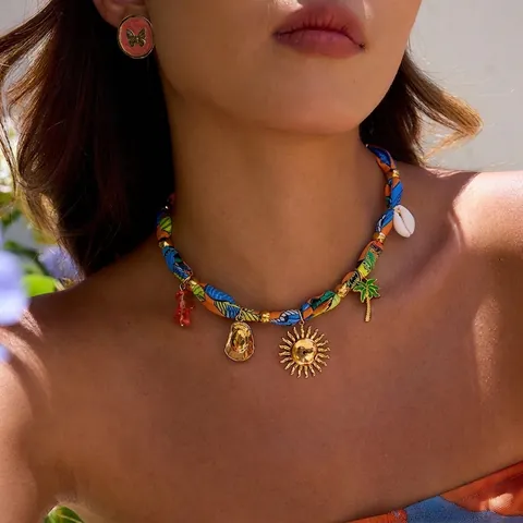 Bohemian Woven Fabric Stainless Steel Necklace With Sun Palm Tree Shell Heart Pendants Vacation Style For Women