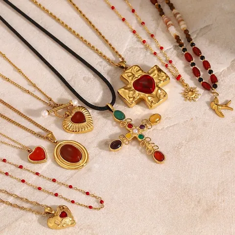 Vintage Stainless Steel Gold Plated Heart Cross Pendant Necklace Red Enamel Layered Bohemian Jewelry For Women