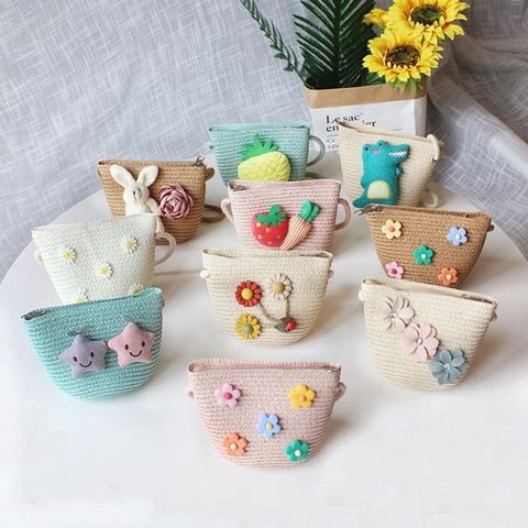 Kids Mini Straw Crossbody Bag Cute Cartoon Flower Decorative Zipper Small Coin Purse For Girls Summer Beach Accessory
