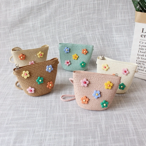 Kids Mini Straw Crossbody Bag Cute Cartoon Flower Decorative Zipper Small Coin Purse For Girls Summer Beach Accessory