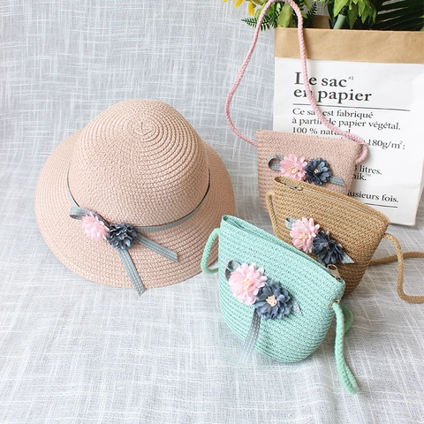 Sommer Papierstrohhut Und Umhängetasche Set Für Damen Kinder Süß Blumen Sonnenschutz Faltbar Strand Geflochten Hut